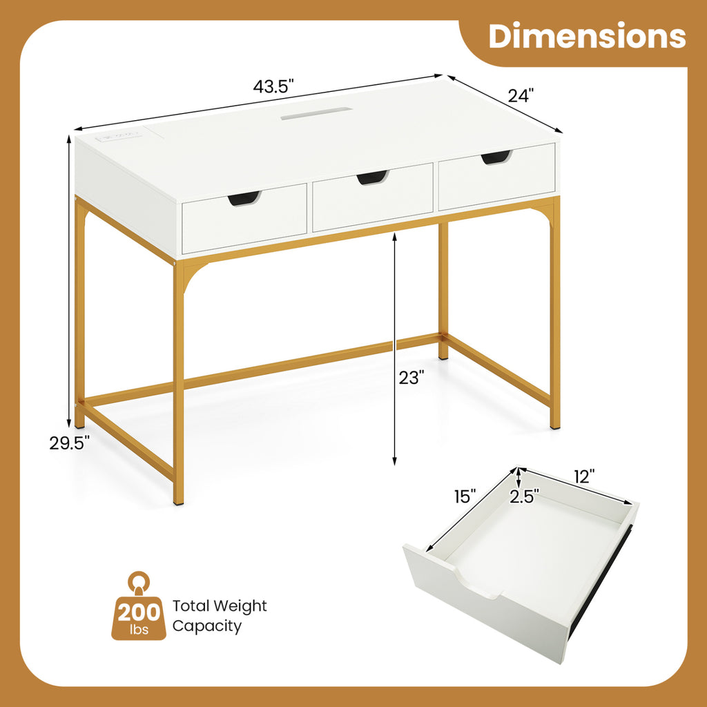 Office Desk with Power Outlets and Storage Drawers - White