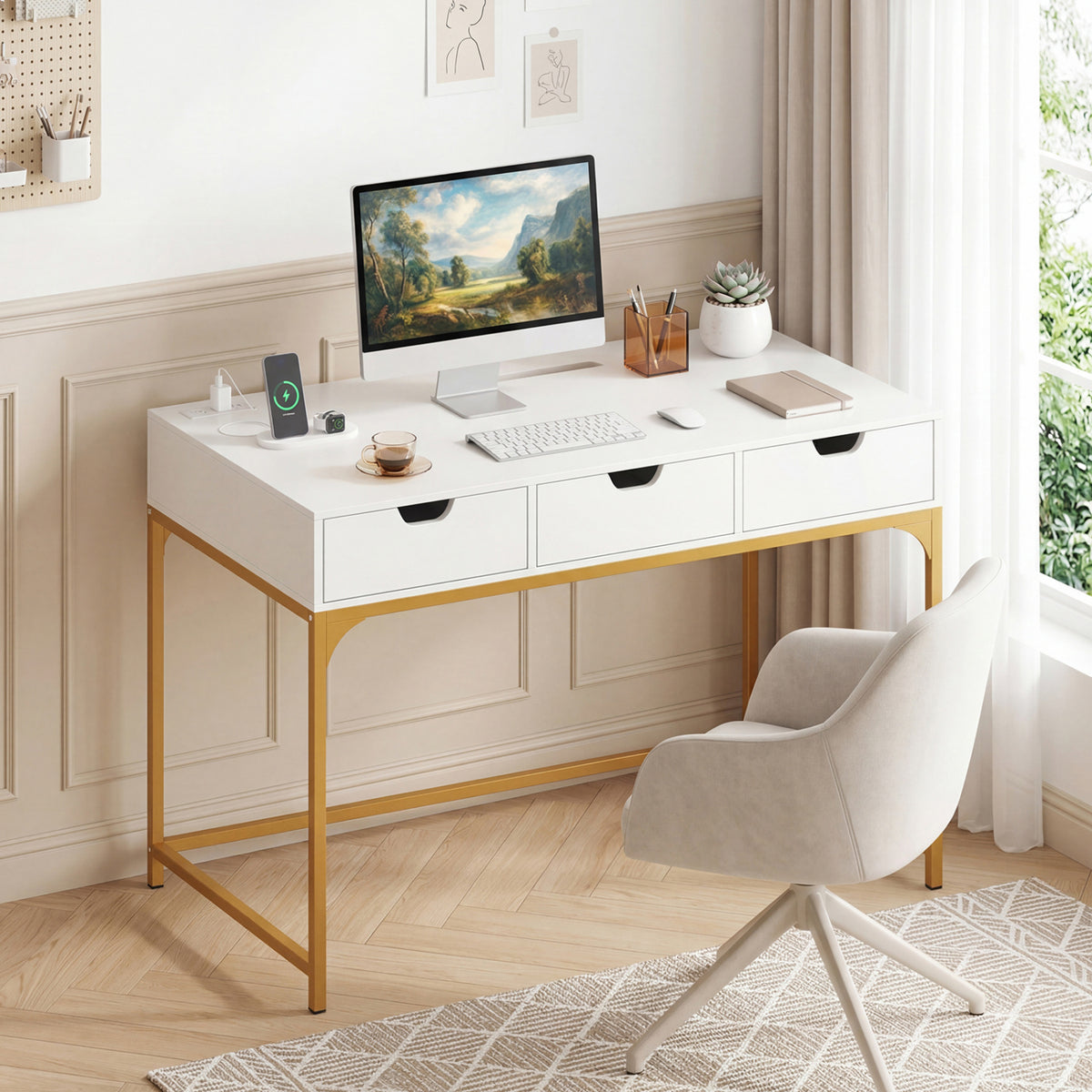 Office Desk with Power Outlets and Storage Drawers - White