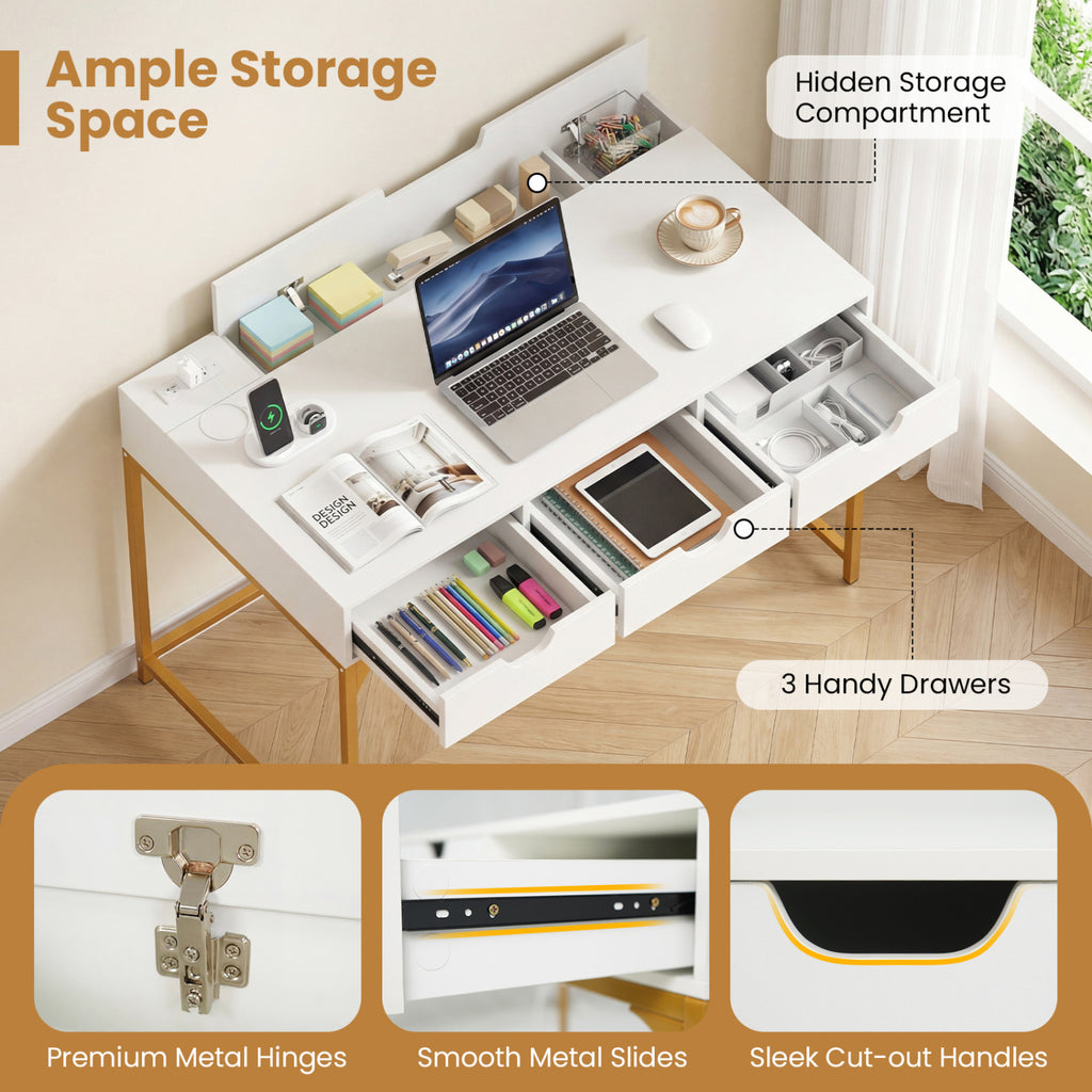 Office Desk with Power Outlets and Storage Drawers - White
