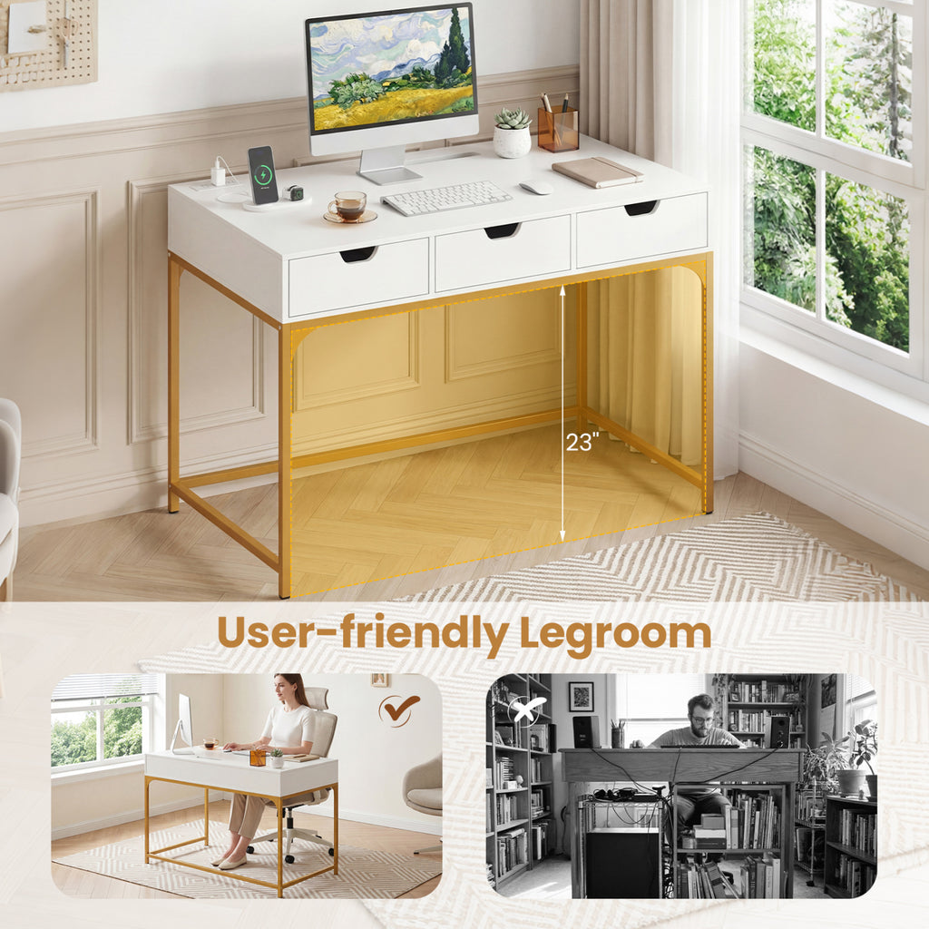 Office Desk with Power Outlets and Storage Drawers - White