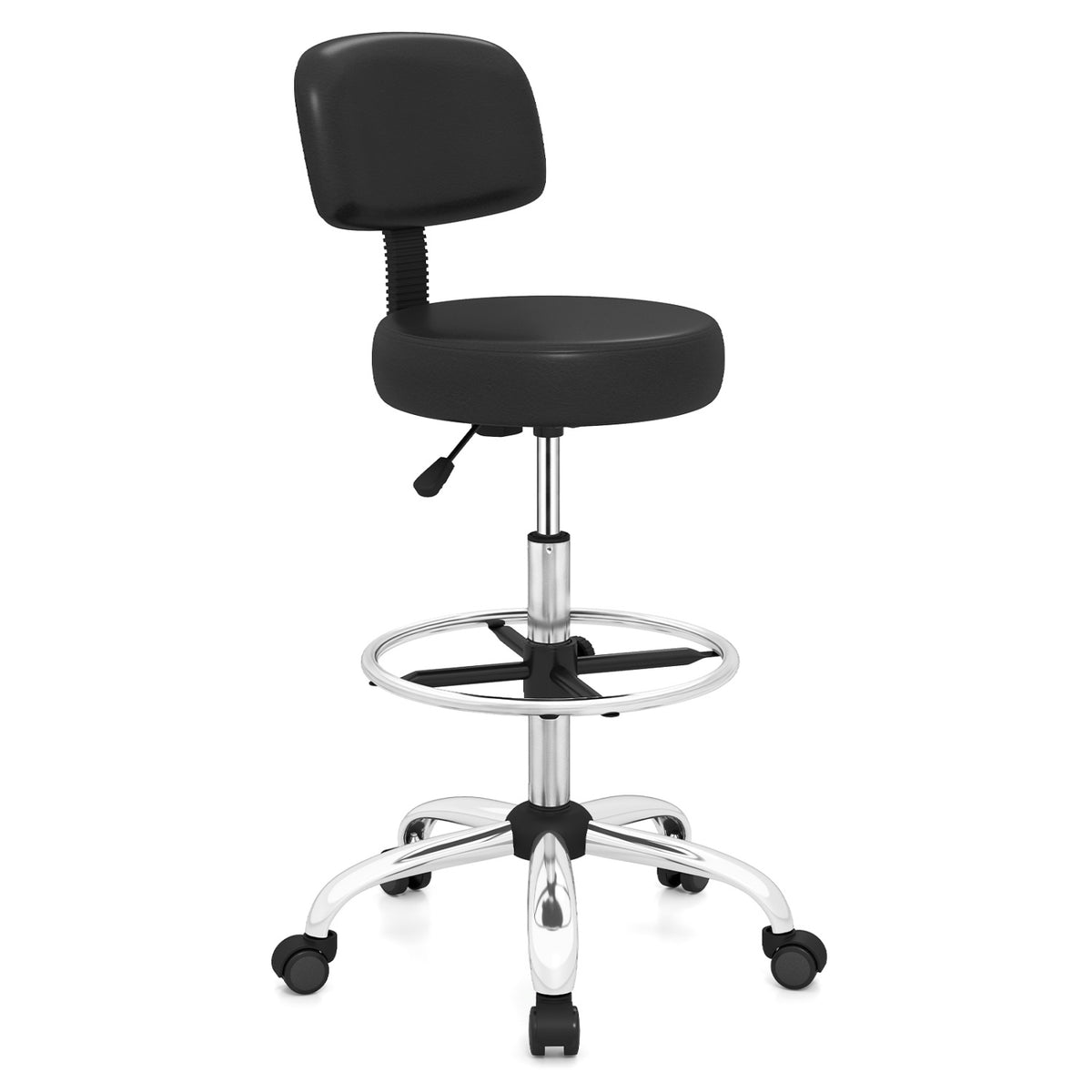 Adjustable Drafting Chair with Footring & Wheels - Black