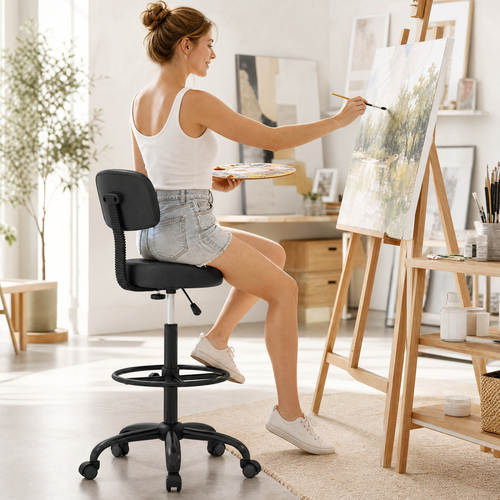 Adjustable Drafting Chair with Footring & Wheels - Black