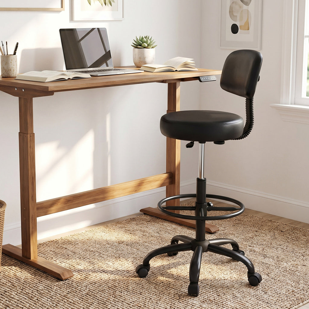 Adjustable Drafting Chair with Footring & Wheels - Black