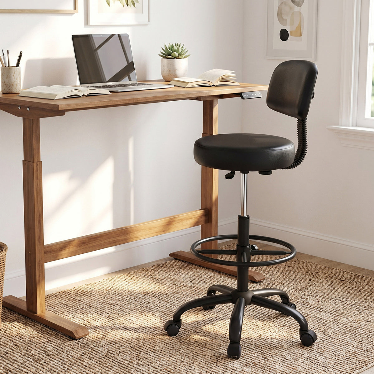 Adjustable Drafting Chair with Footring & Wheels - Black