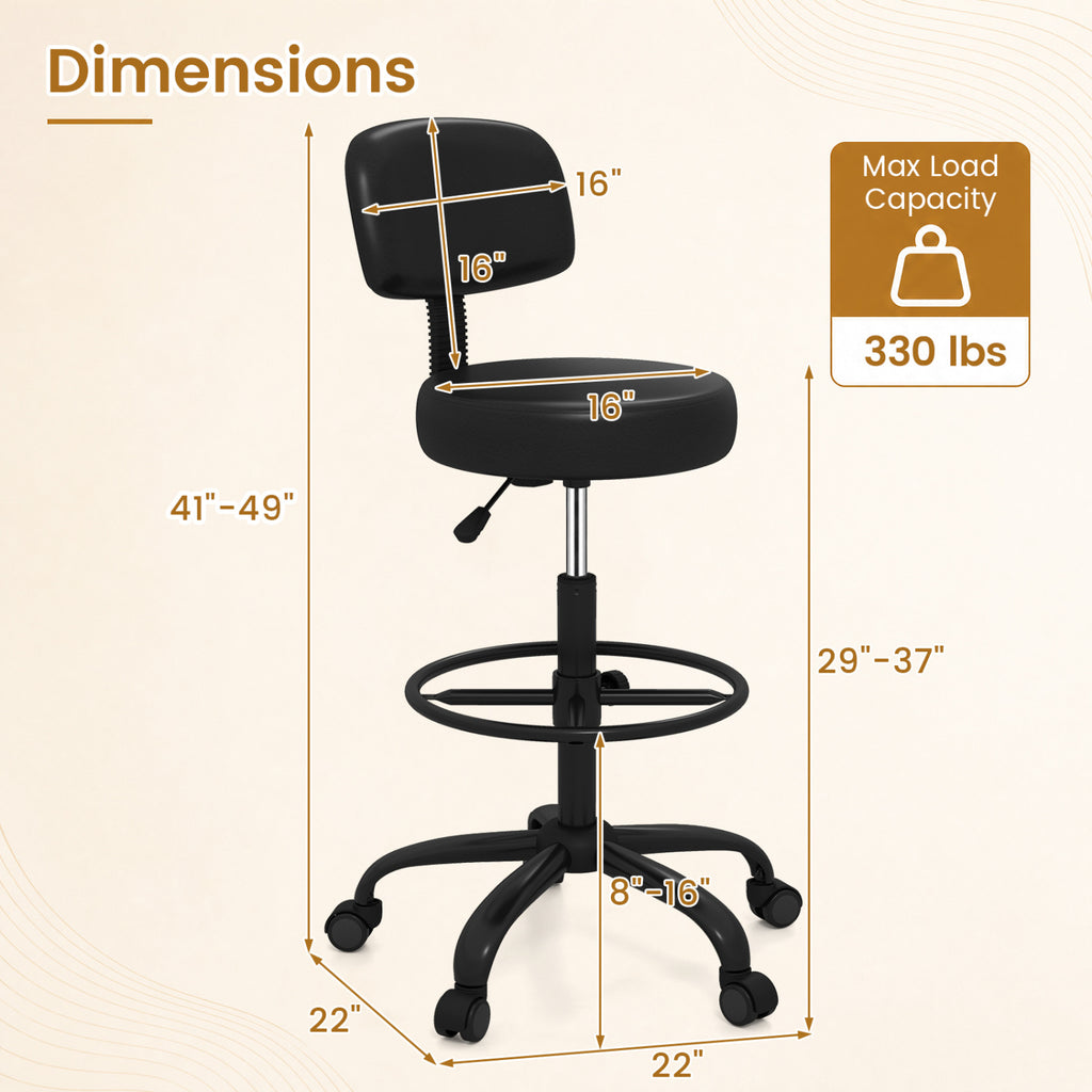 Adjustable Drafting Chair with Footring & Wheels - Black