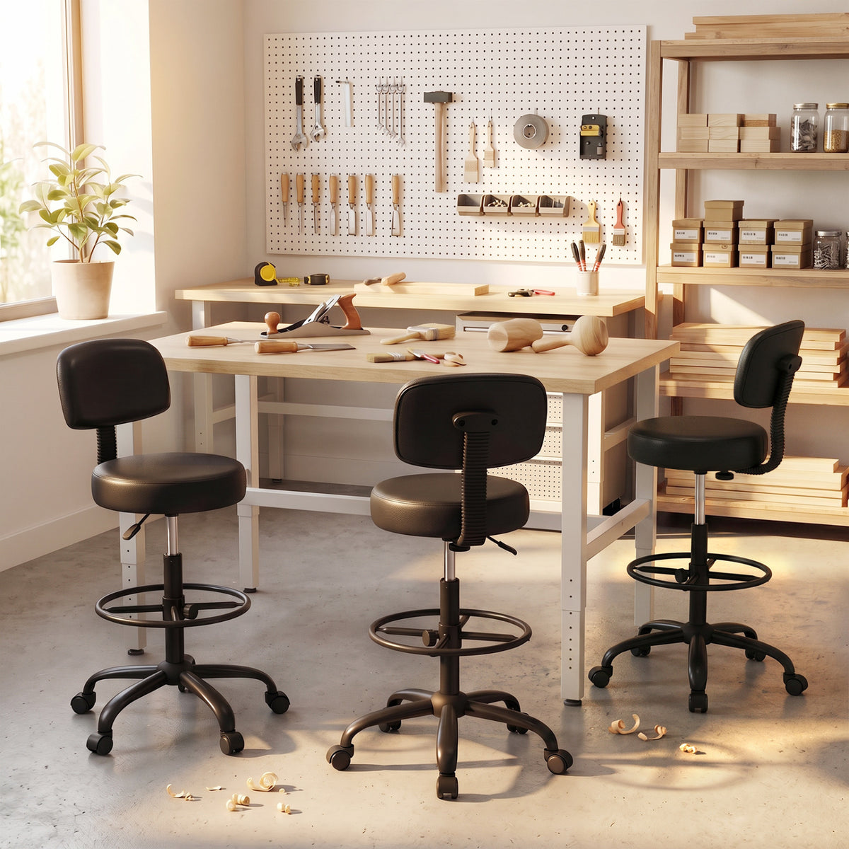 Adjustable Drafting Chair with Footring & Wheels - Black