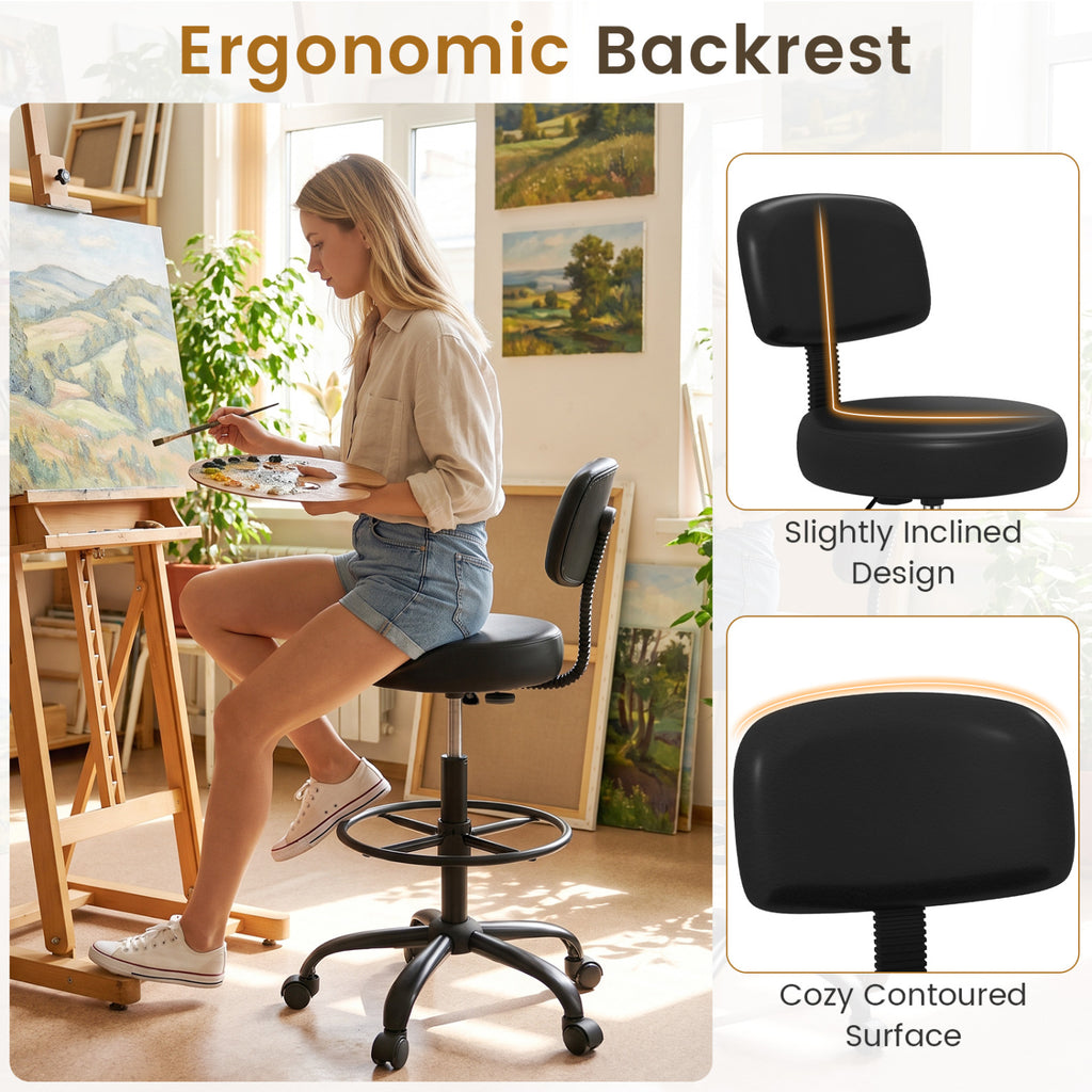 Adjustable Drafting Chair with Footring & Wheels - Black
