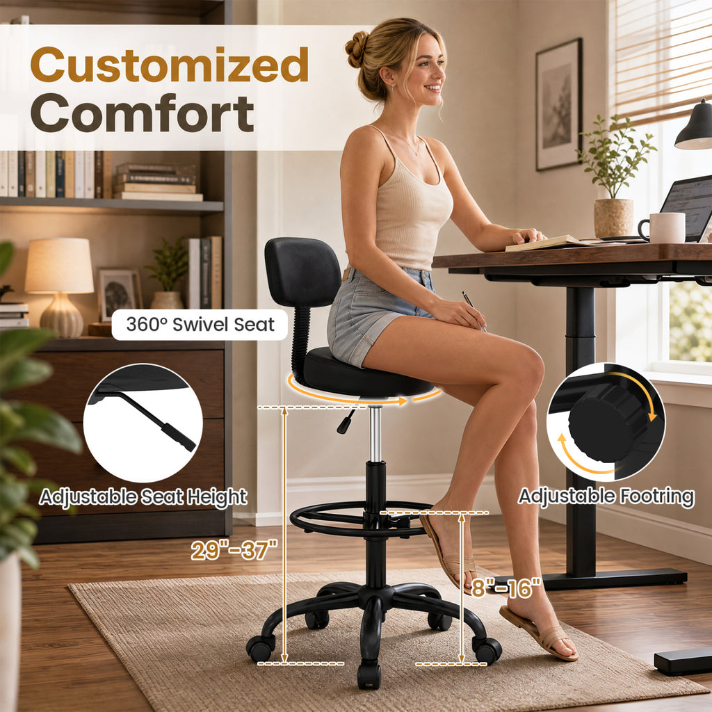 Adjustable Drafting Chair with Footring & Wheels - Black