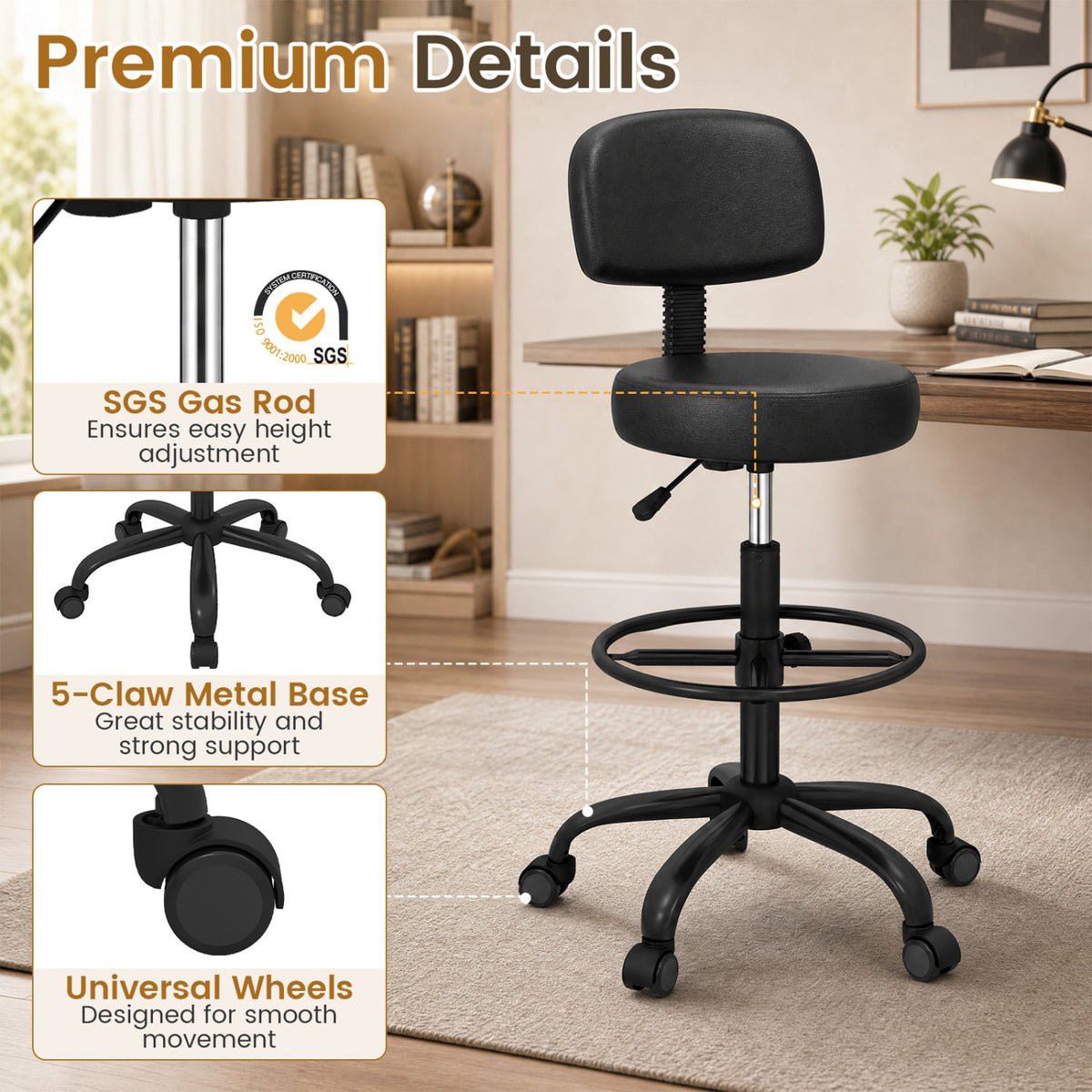 Adjustable Drafting Chair with Footring & Wheels - Black