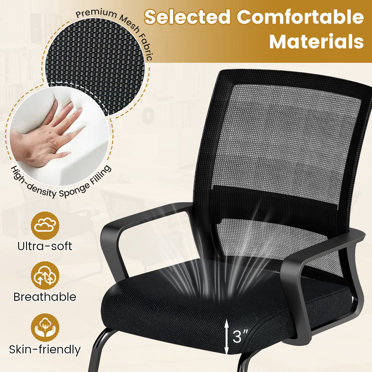 Office Chair No Wheels Ergonomic Conference with Mesh Back