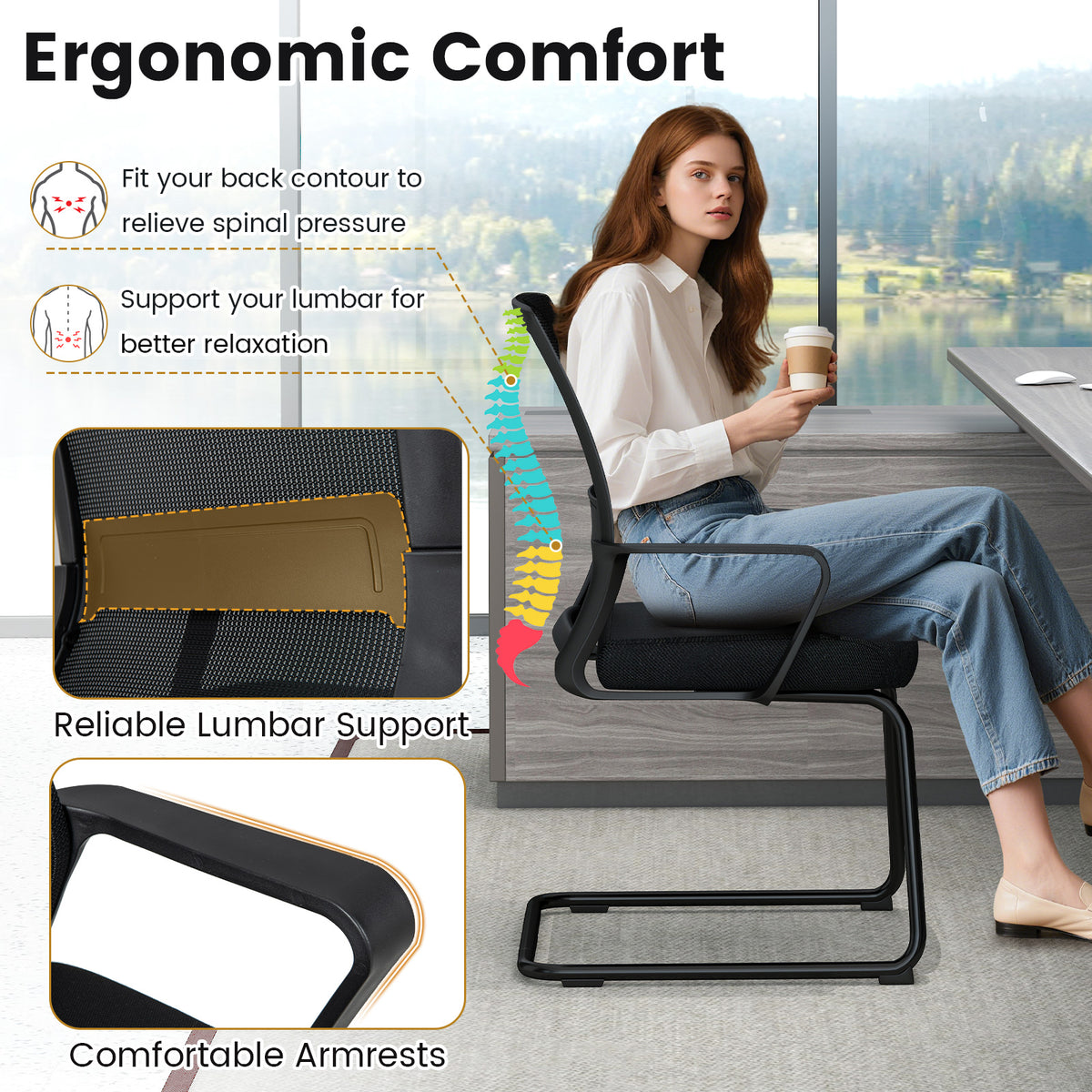 Office Chair No Wheels Ergonomic Conference with Mesh Back