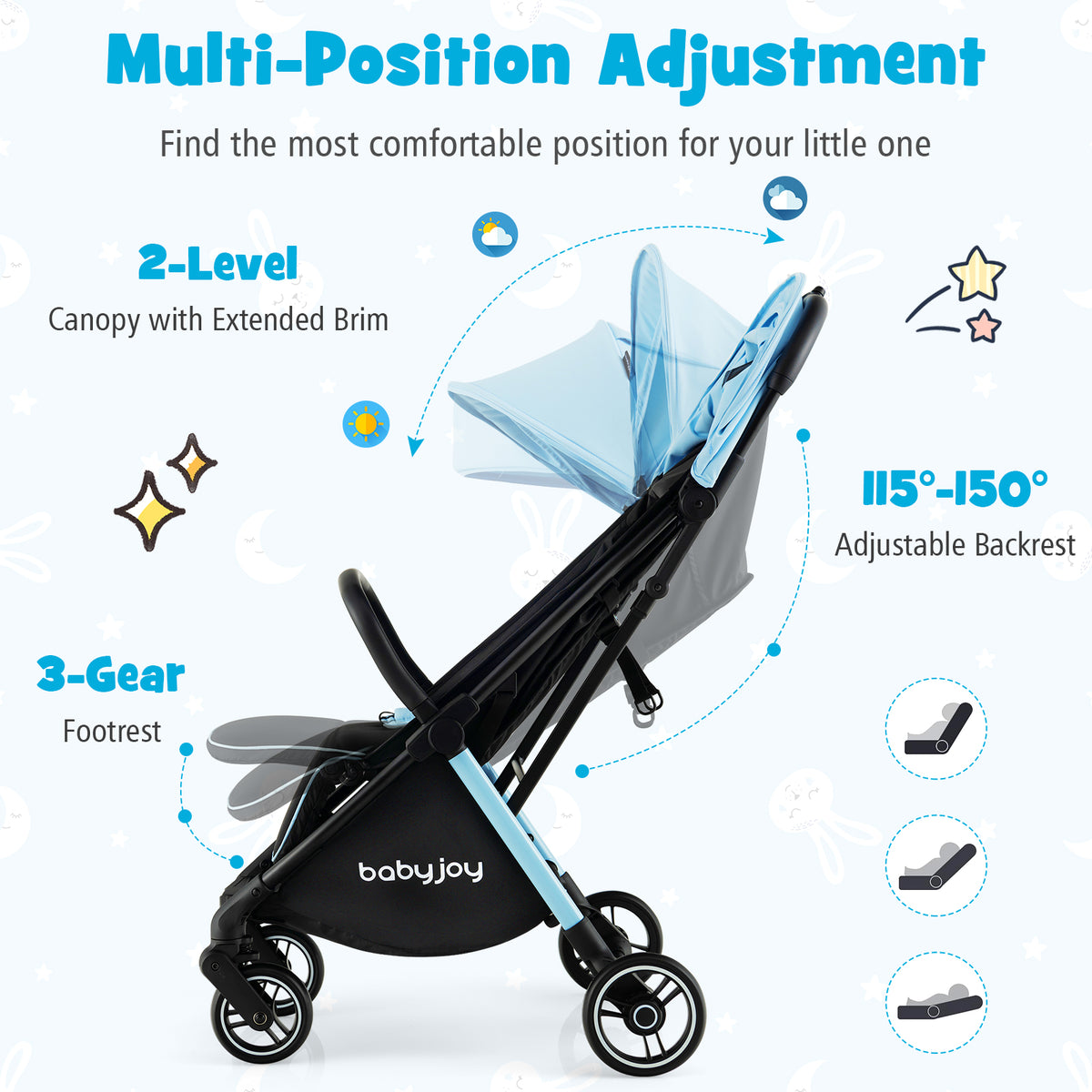 Blue One-Hand Folding Baby Stroller with Aluminum Frame Lightweight Portable