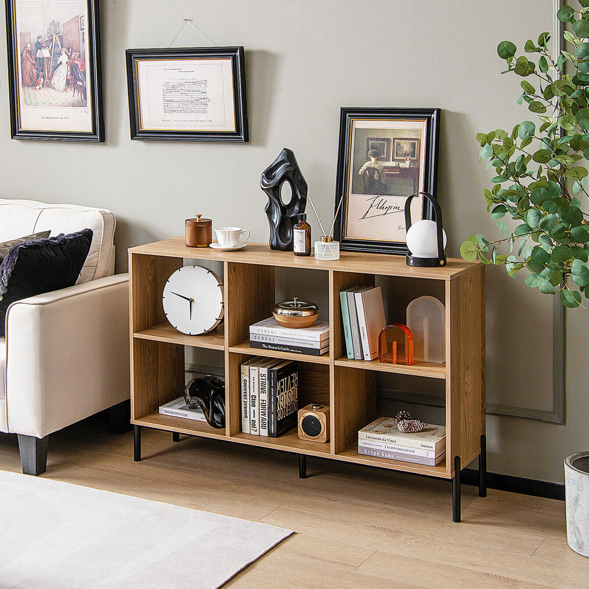 6-Cube Storage Bookcase 3-Tier Wooden Open Bookshelf with 5 Metal Legs