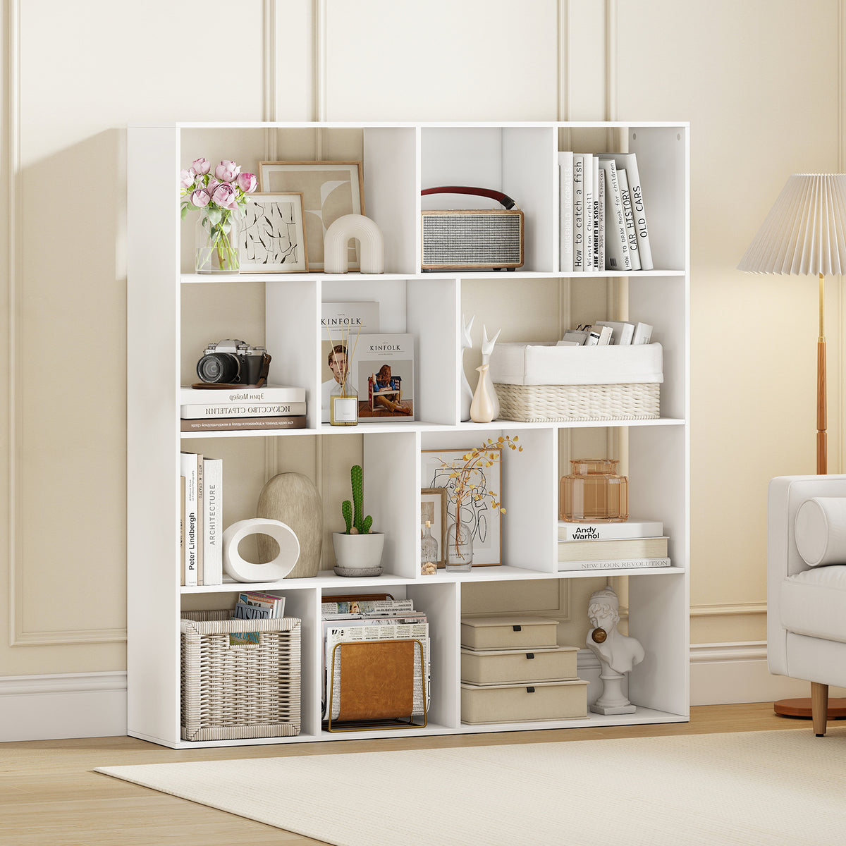4-Tier Open Bookcase with 12 Storage Compartments - White