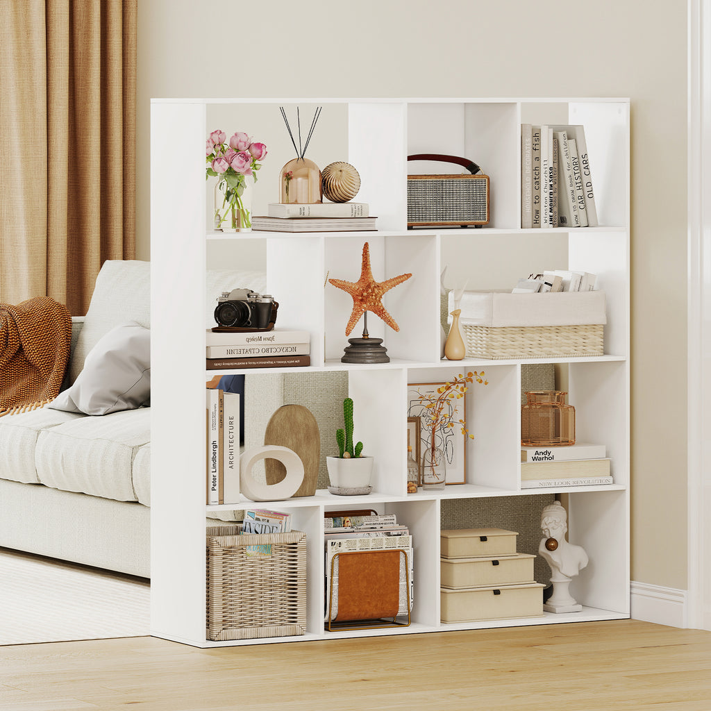 4-Tier Open Bookcase with 12 Storage Compartments - White