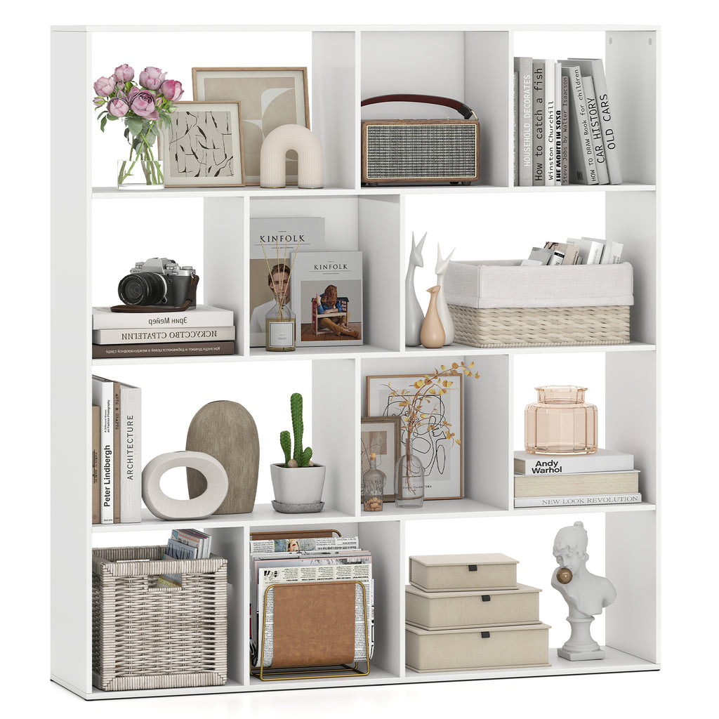 4-Tier Open Bookcase with 12 Storage Compartments - White