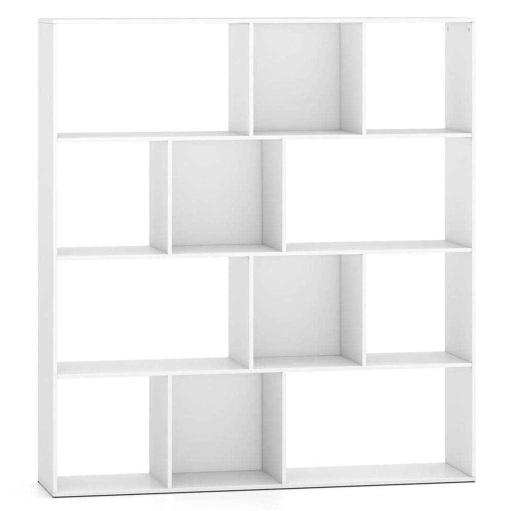 4-Tier Open Bookcase with 12 Storage Compartments - White