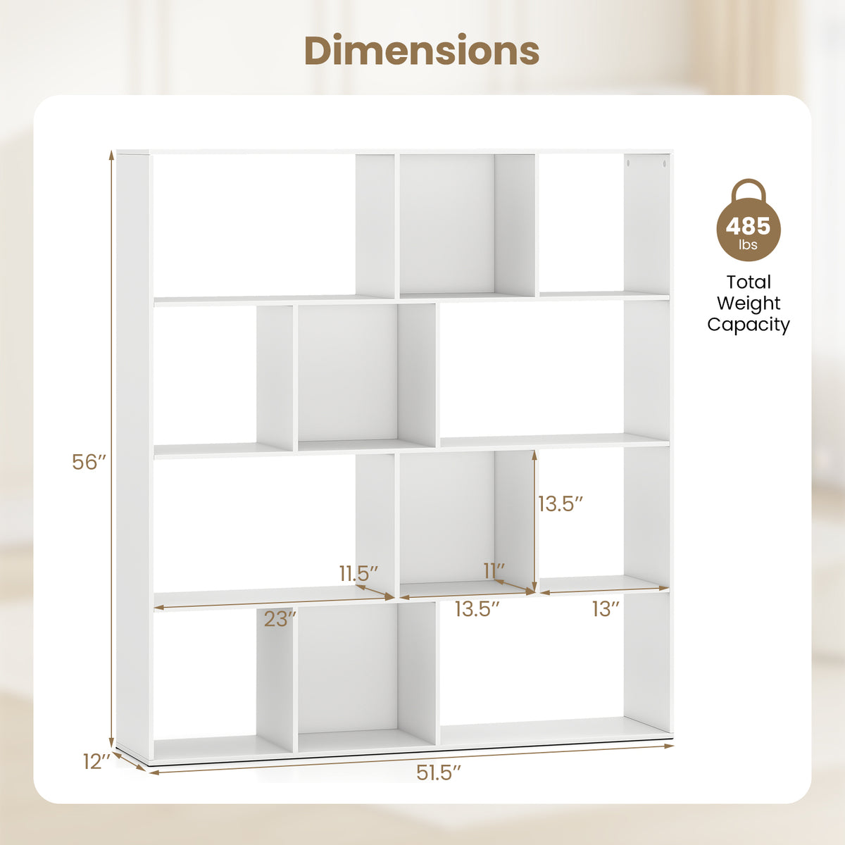 4-Tier Open Bookcase with 12 Storage Compartments - White