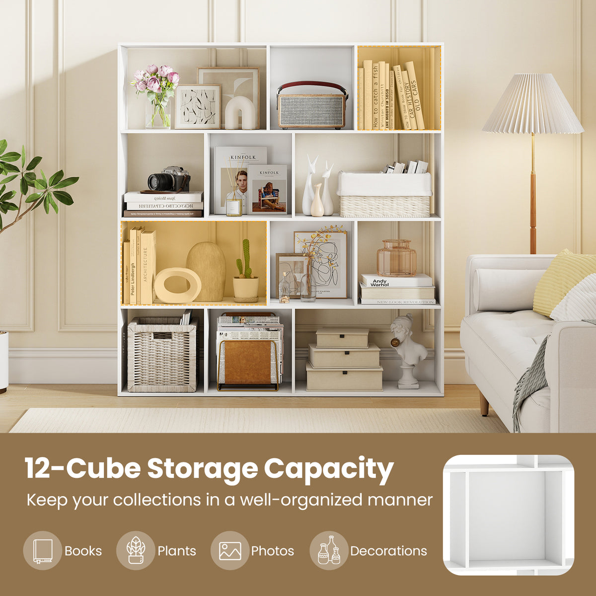 4-Tier Open Bookcase with 12 Storage Compartments - White