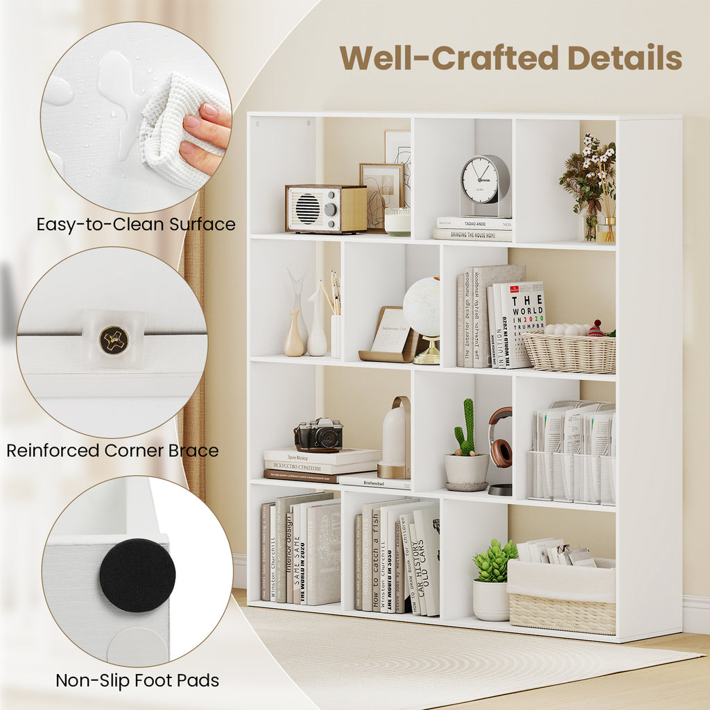 4-Tier Open Bookcase with 12 Storage Compartments - White