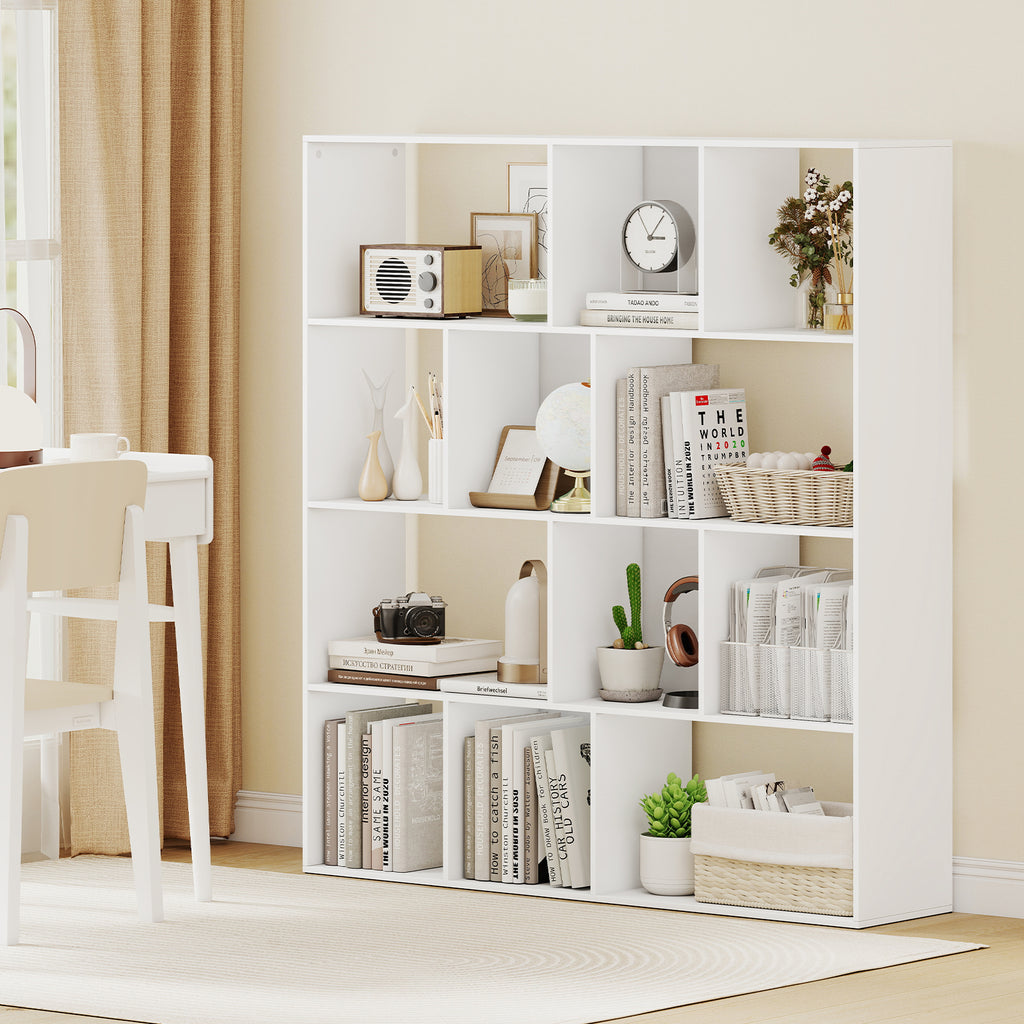4-Tier Open Bookcase with 12 Storage Compartments - White