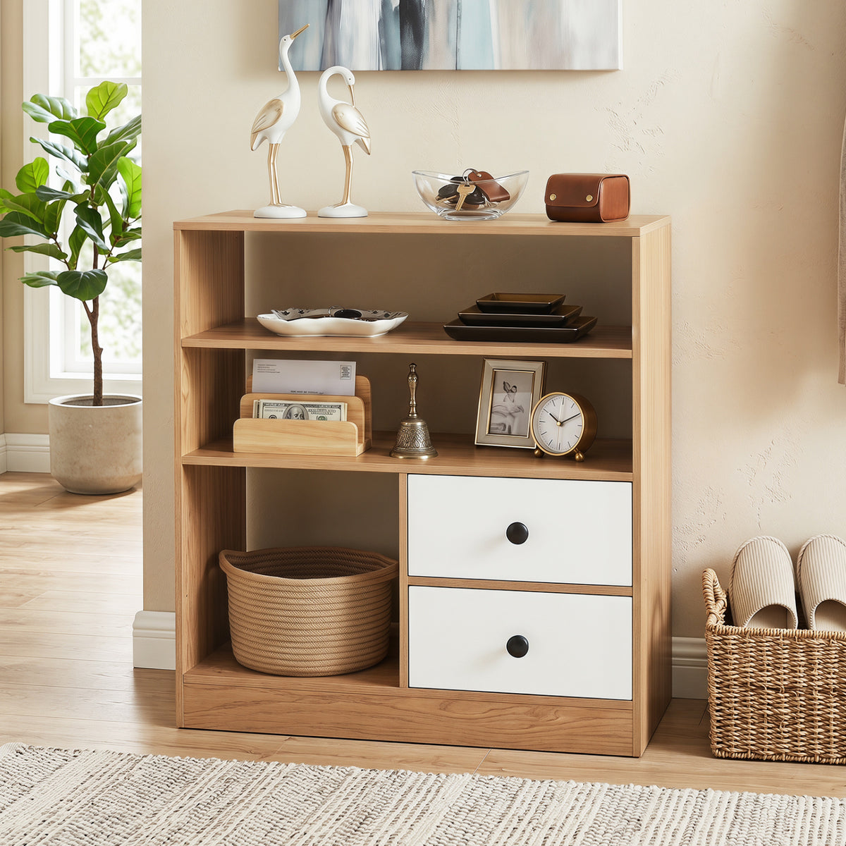 Open Storage Cabinet with Drawers and Shelves - Natural