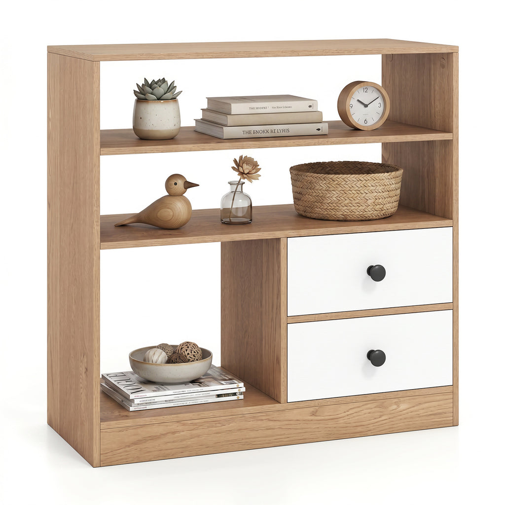 Open Storage Cabinet with Drawers and Shelves - Natural