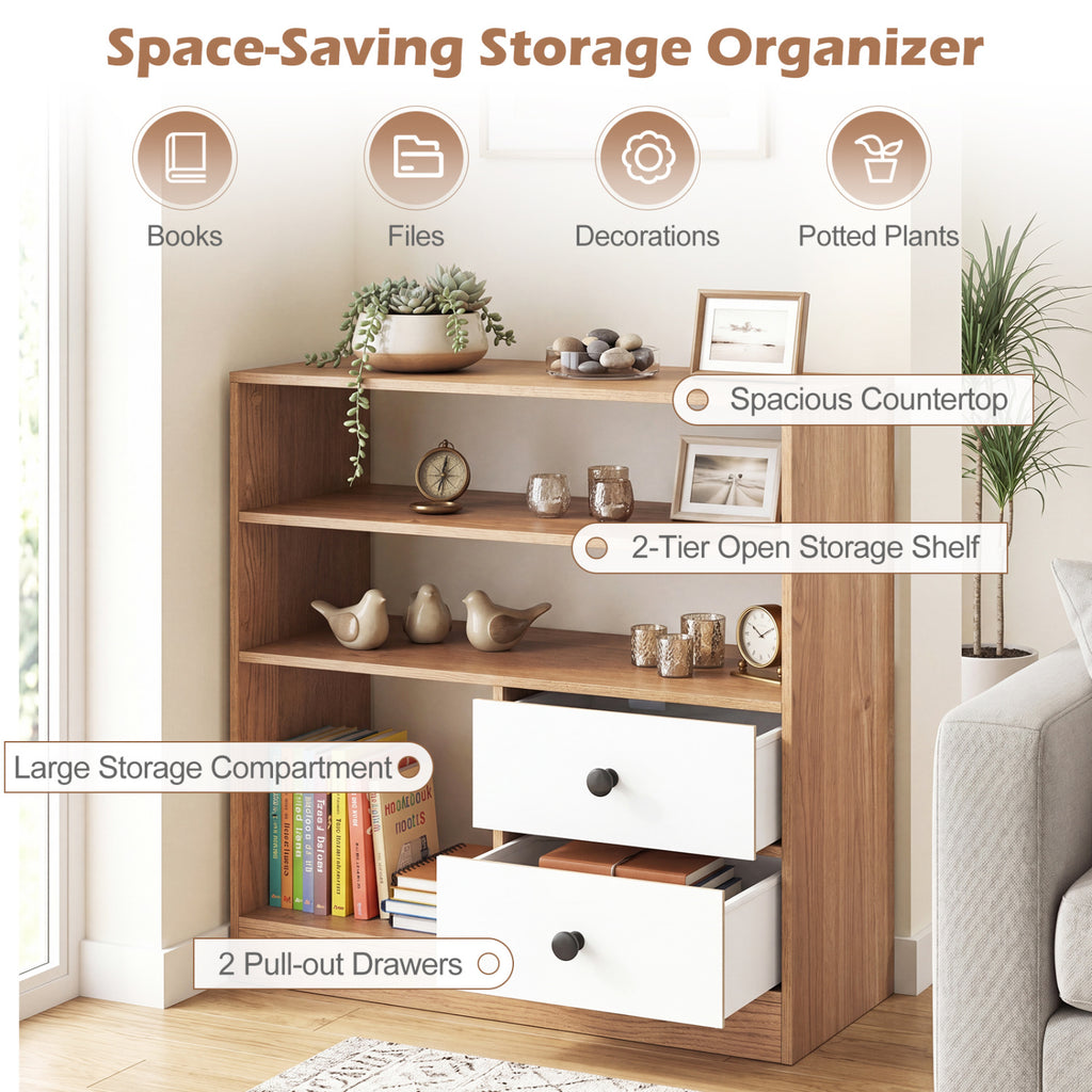 Open Storage Cabinet with Drawers and Shelves - Natural