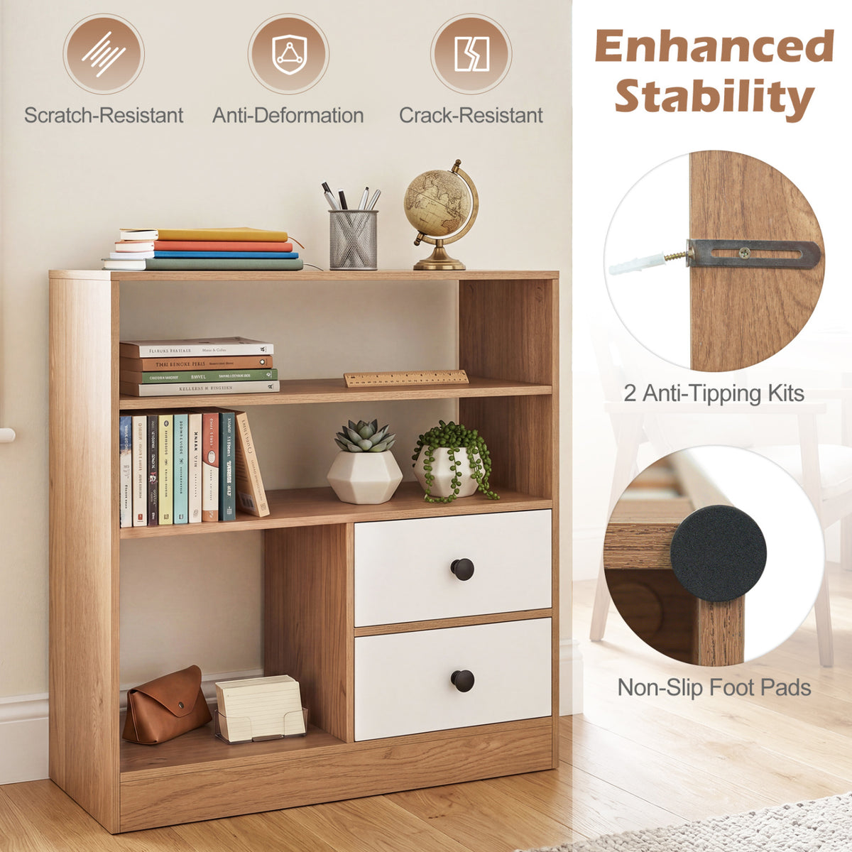 Open Storage Cabinet with Drawers and Shelves - Natural