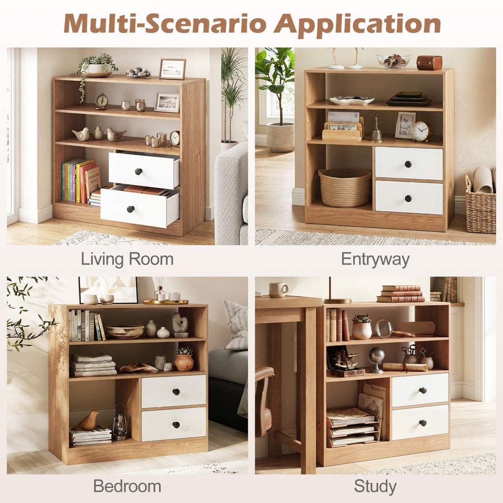 Open Storage Cabinet with Drawers and Shelves - Natural