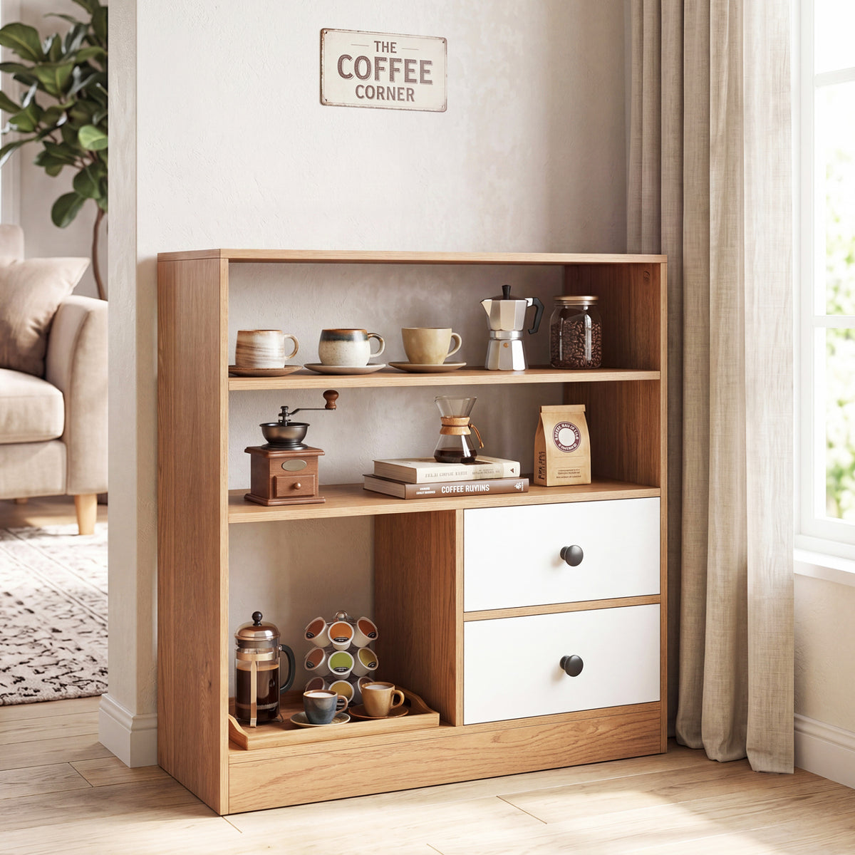 Open Storage Cabinet with Drawers and Shelves - Natural