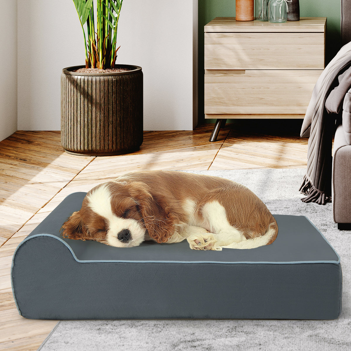 Large Dog Orthopedic Bed with Headrest & Washable Cover - Gray T-Shaped Pillow