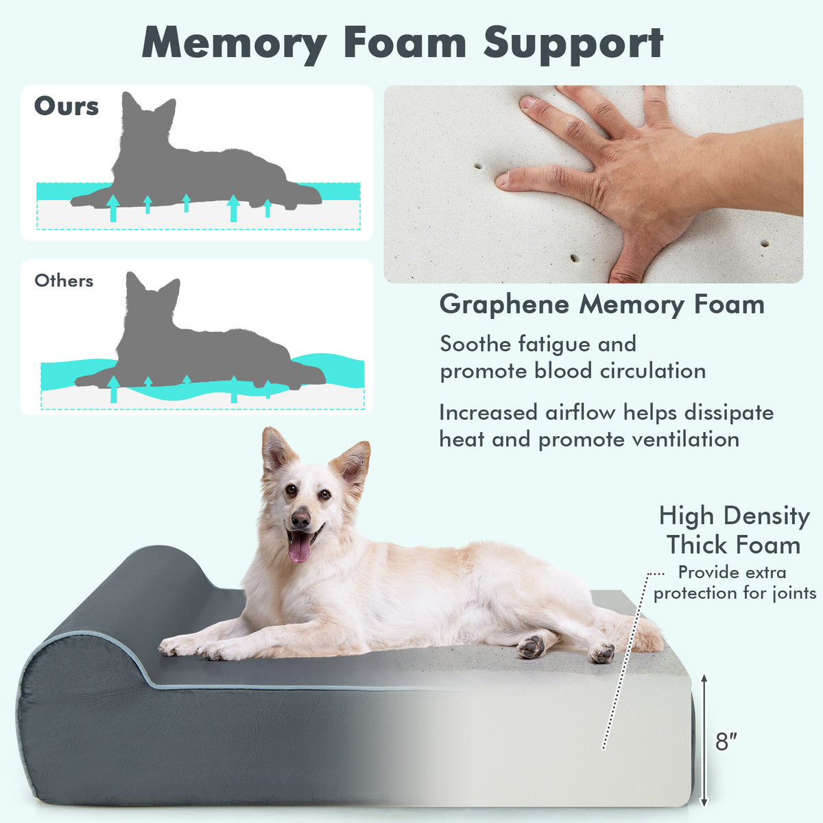 Large Dog Orthopedic Bed with Headrest & Washable Cover - Gray T-Shaped Pillow