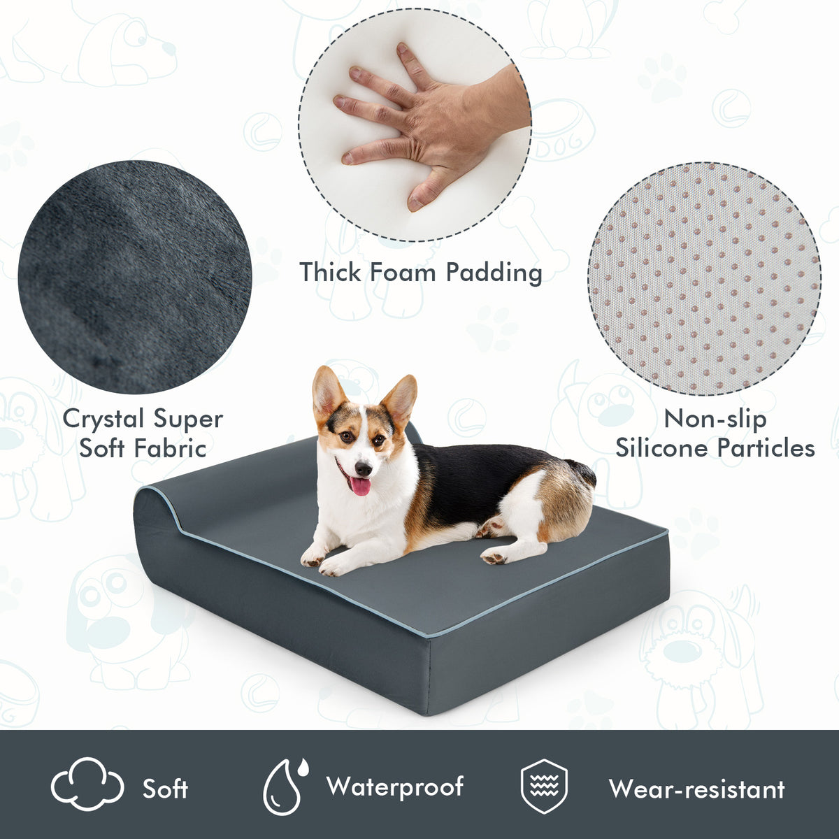 Large Dog Orthopedic Bed with Headrest & Washable Cover - Gray T-Shaped Pillow