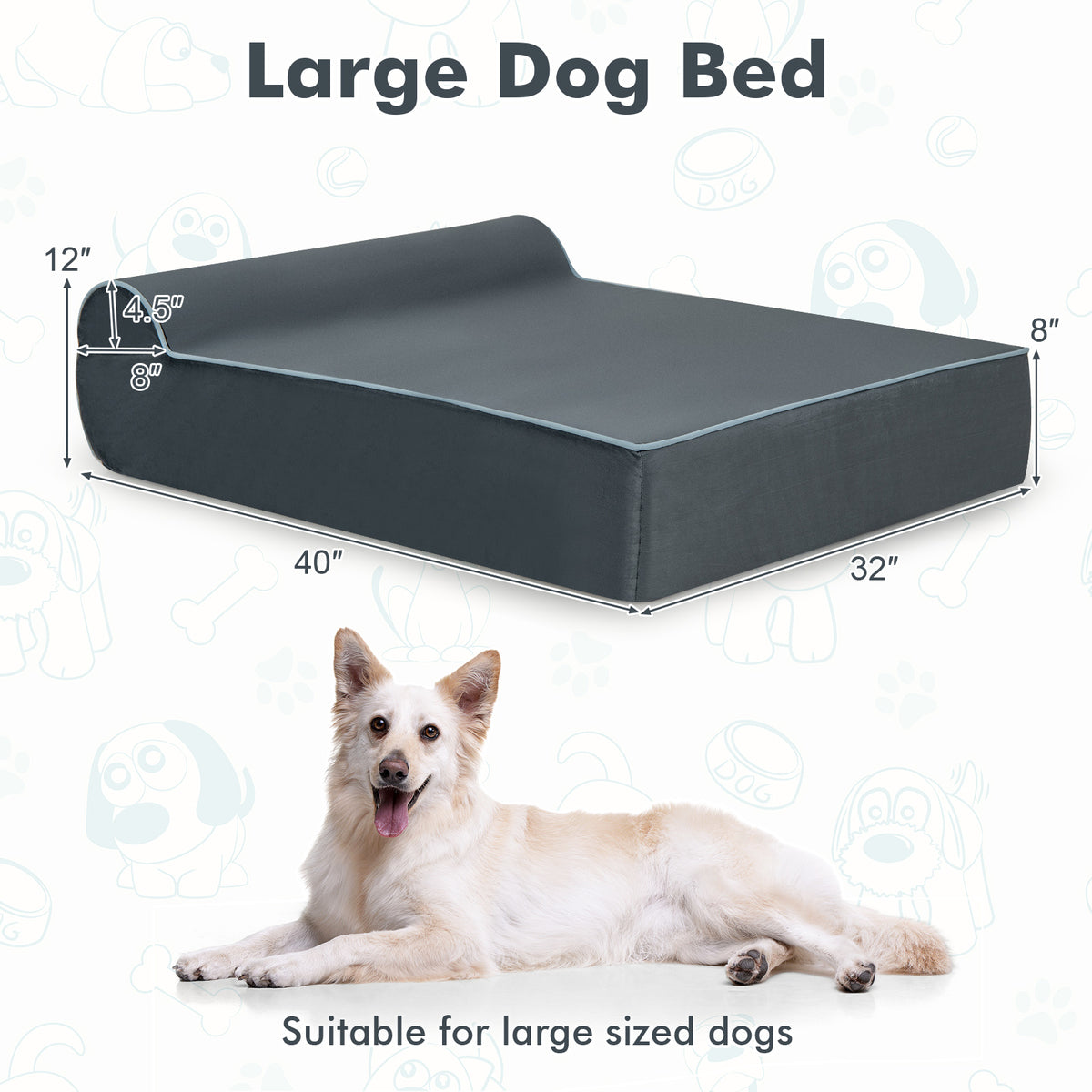 Large Dog Orthopedic Bed with Headrest & Washable Cover - Gray T-Shaped Pillow