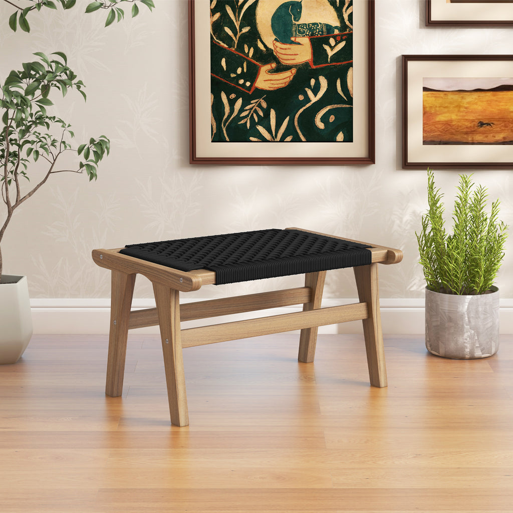 Teak Wooden Ottoman Footstool with Cordage - Black