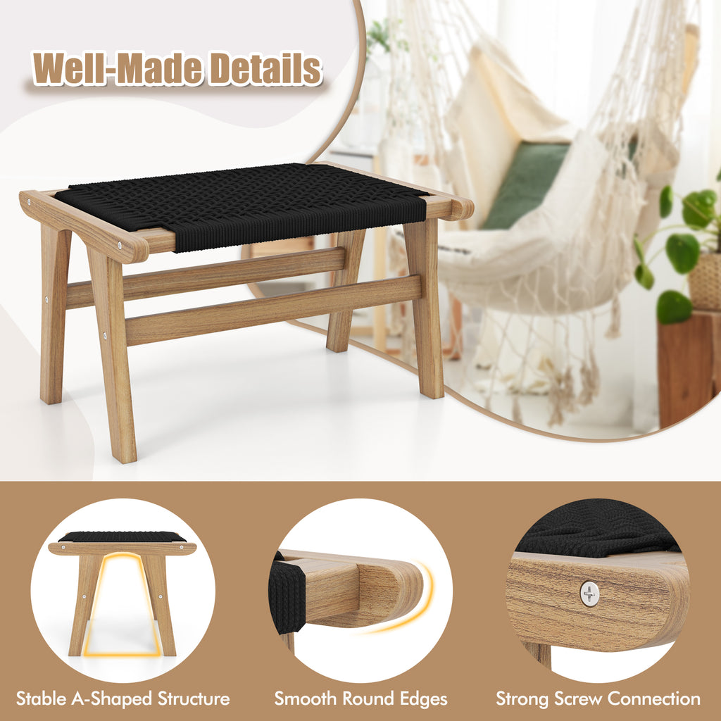 Teak Wooden Ottoman Footstool with Cordage - Black