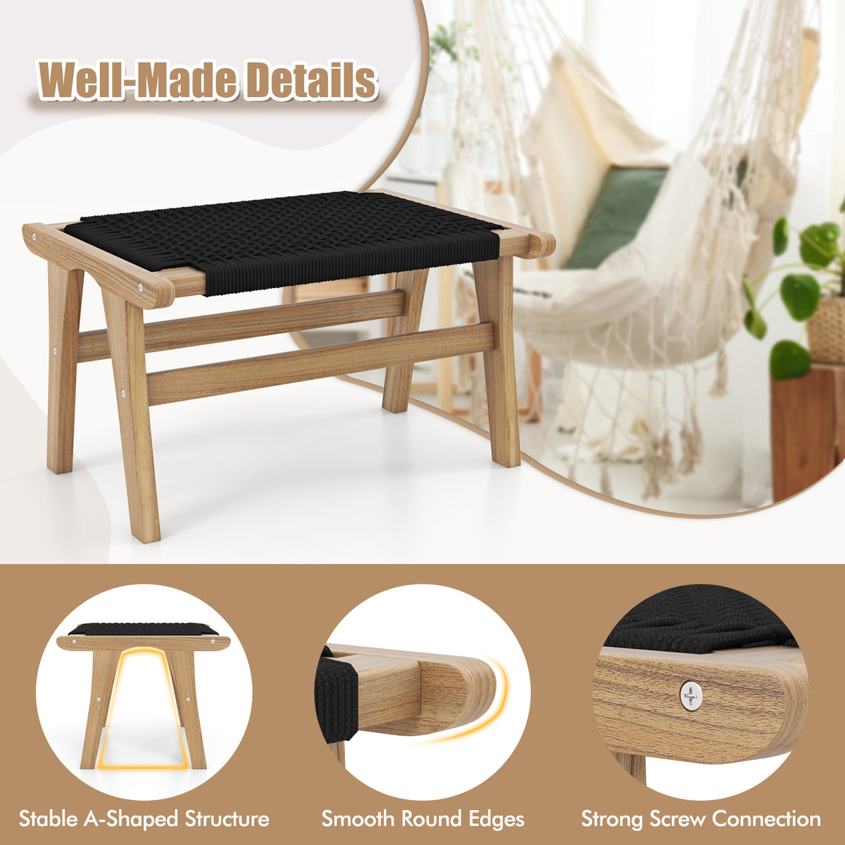 Teak Wooden Ottoman Footstool with Cordage - Black