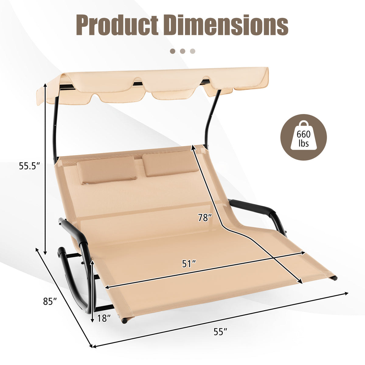 Outdoor 2 Persons Rocking Chaise Lounge with Canopy and Wheels