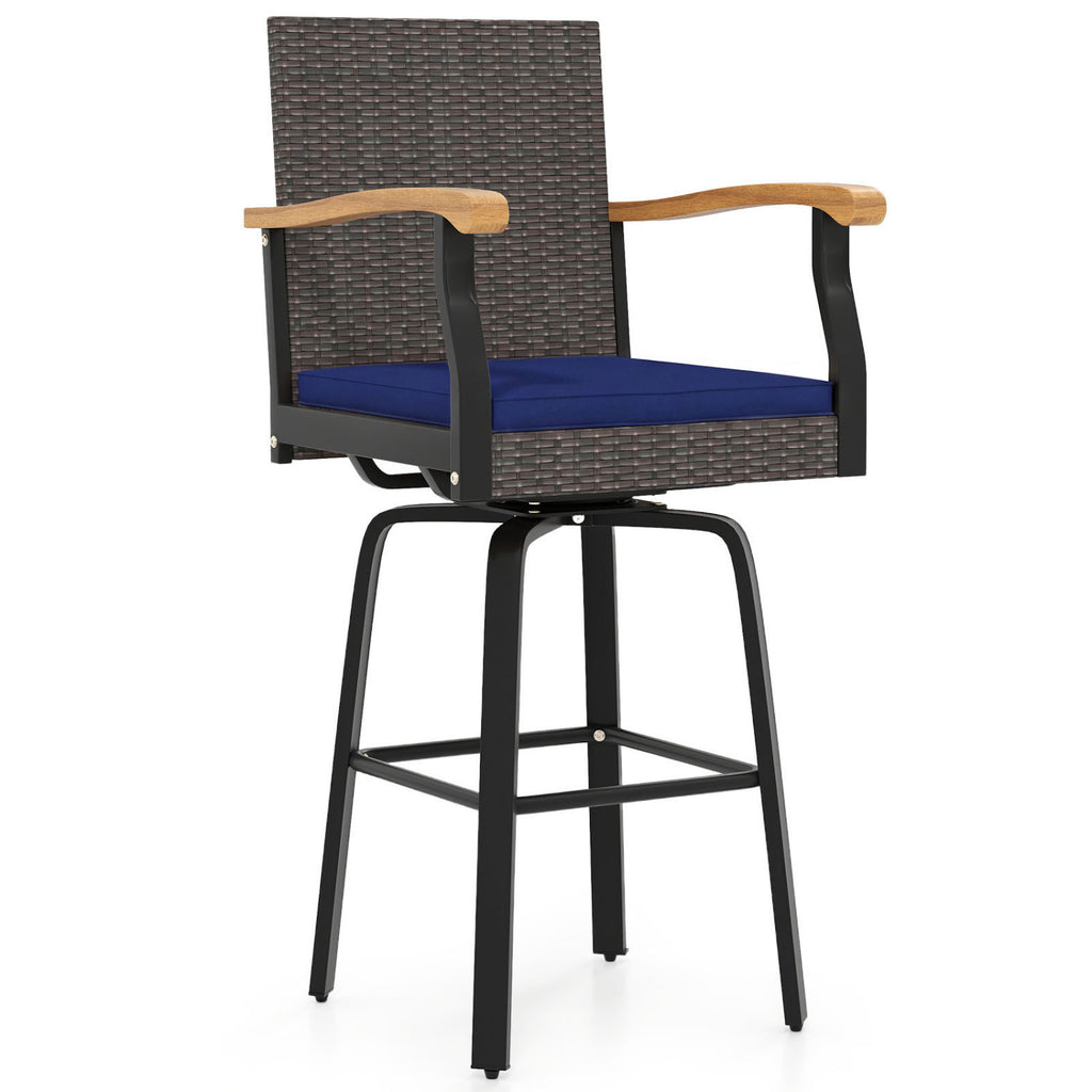 Outdoor 360° Swivel Bar Stool with Cushion and Acacia Wood Armrests-F