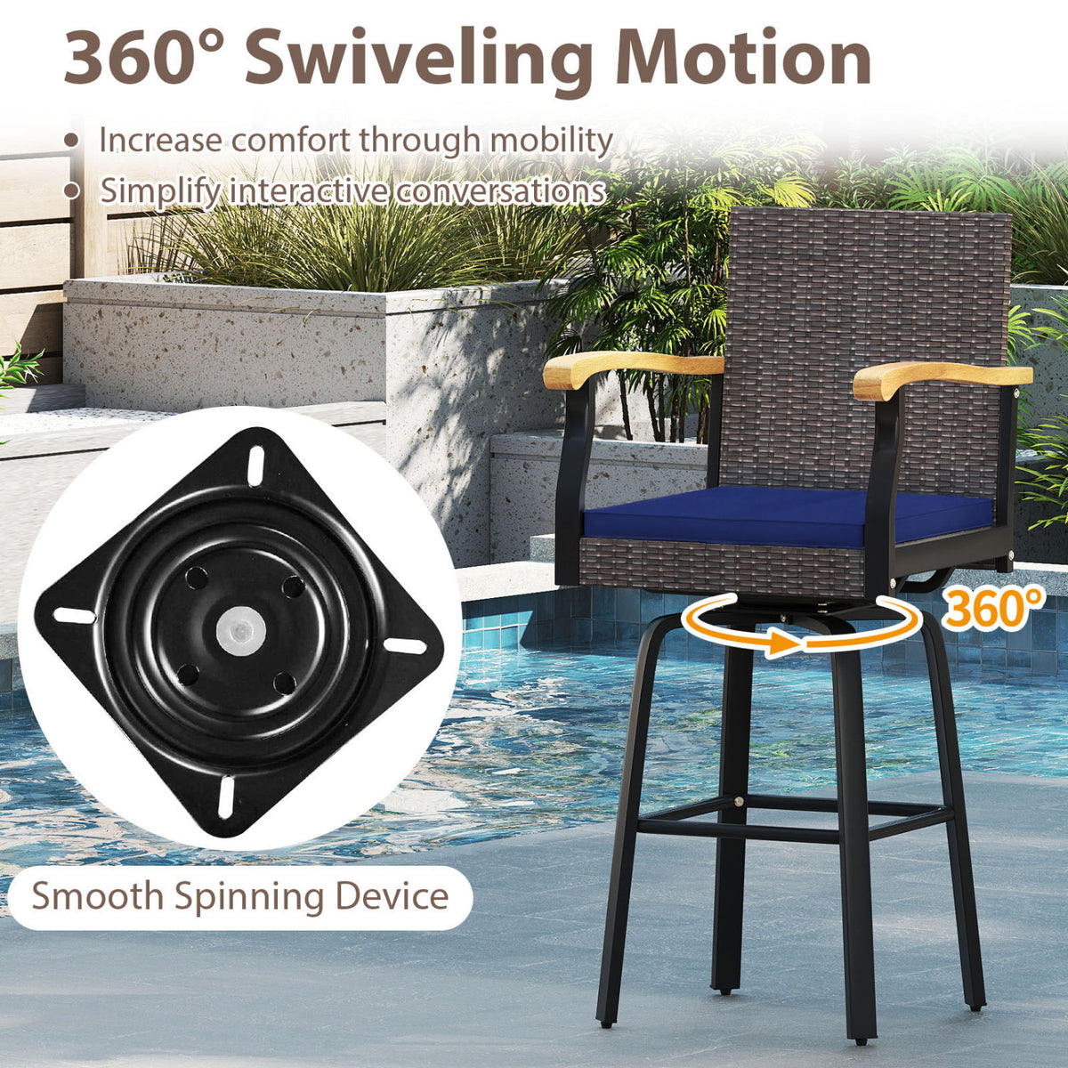 Outdoor 360° Swivel Bar Stool with Cushion and Acacia Wood Armrests-F