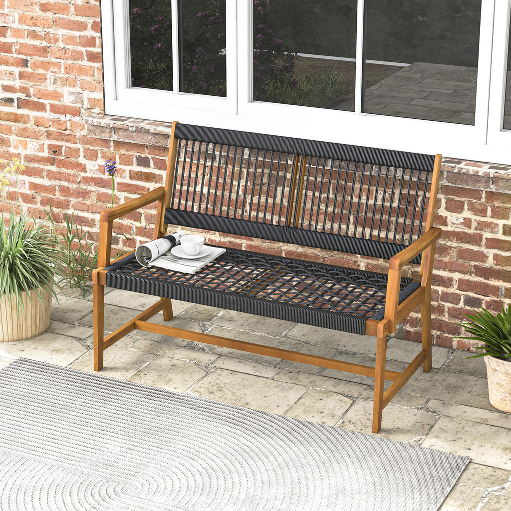 Outdoor Acacia Wood Bench with Rope Woven Backrest and Armrests for
