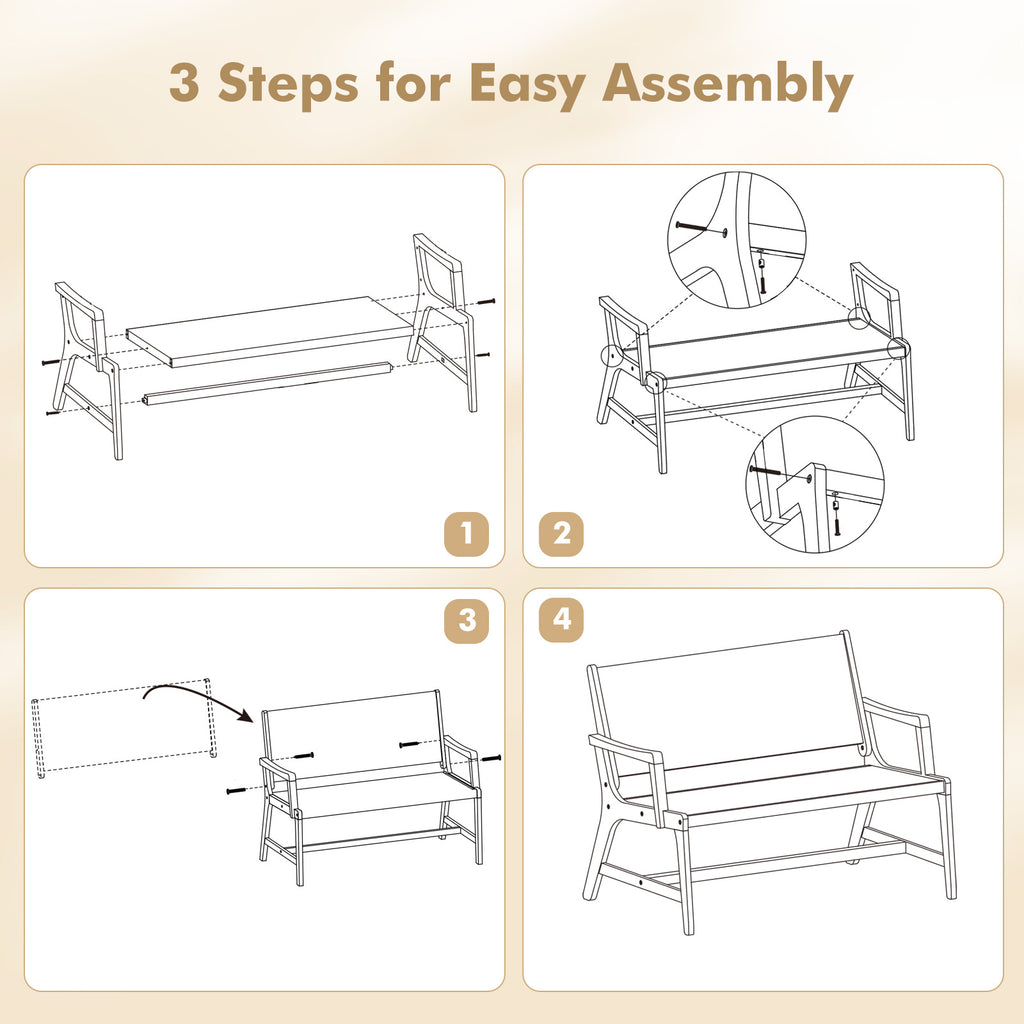 Outdoor Acacia Wood Bench with Rope Woven Backrest and Armrests for