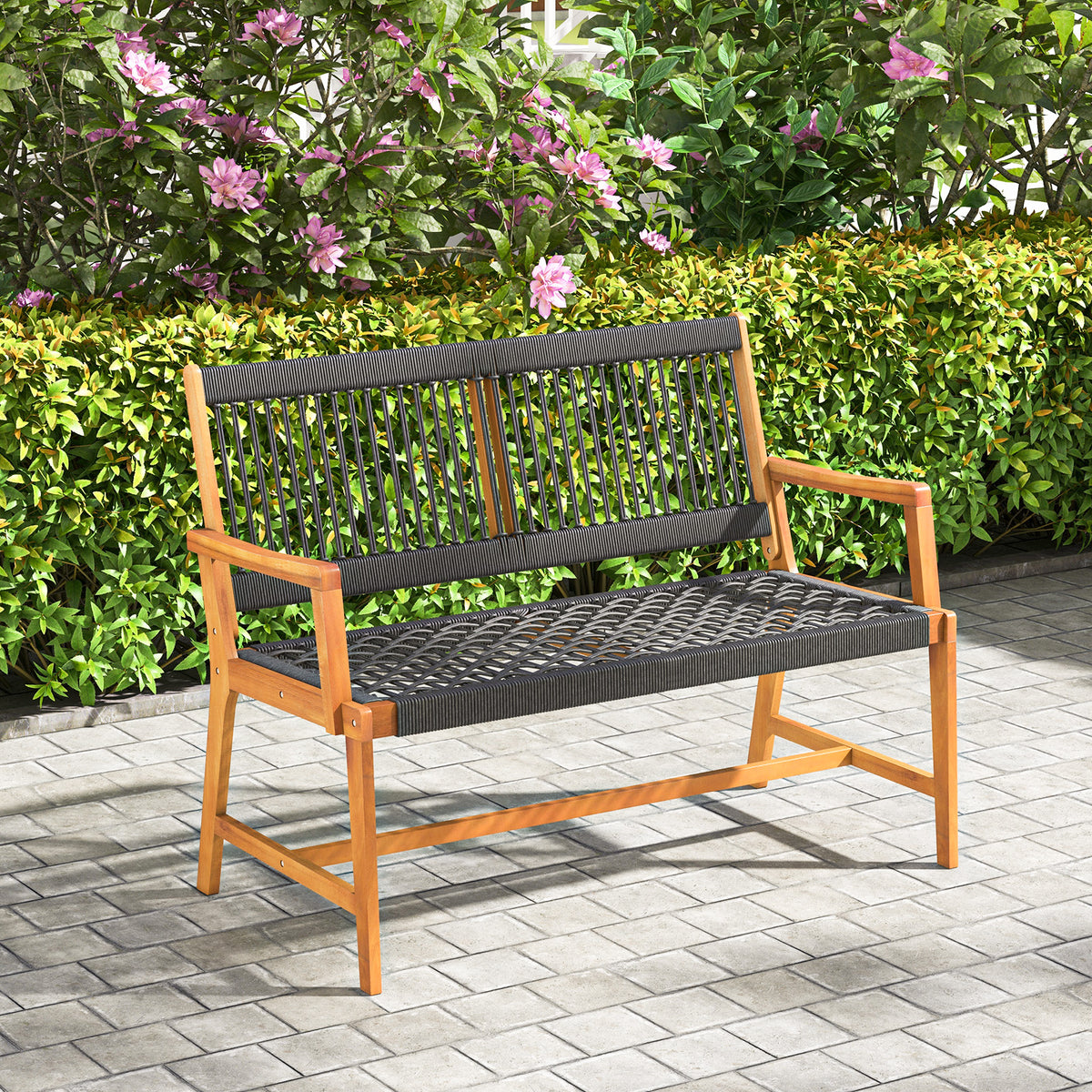 Outdoor Acacia Wood Bench with Rope Woven Backrest and Armrests for