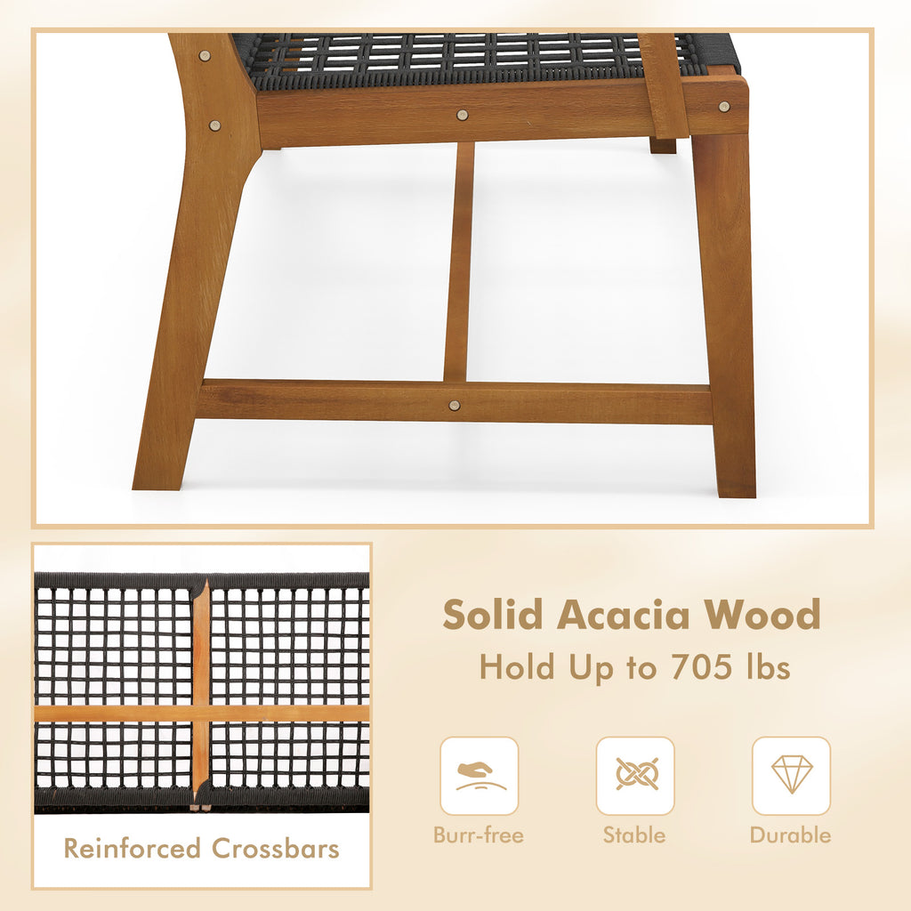 Outdoor Acacia Wood Bench with Rope Woven Backrest and Armrests for
