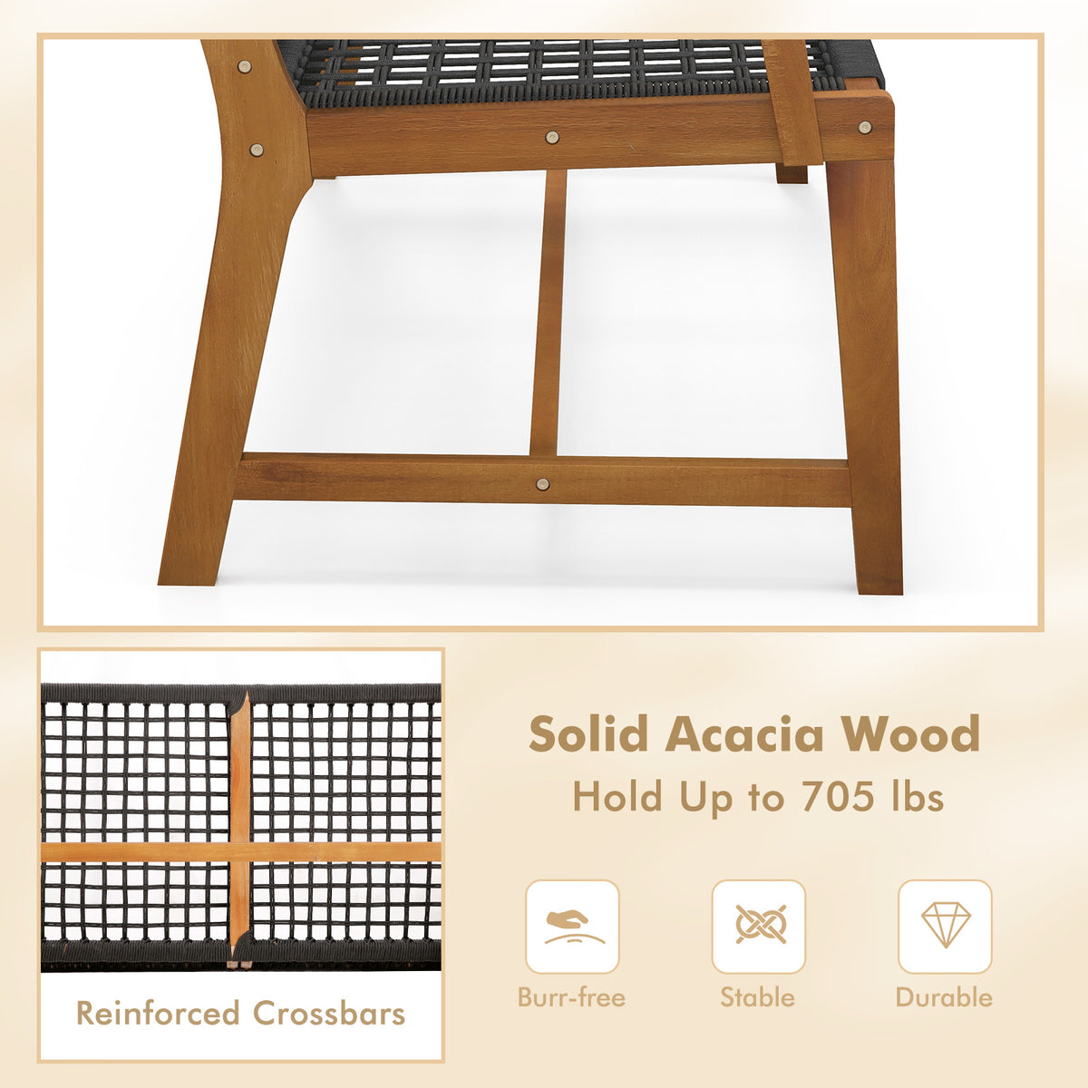 Outdoor Acacia Wood Bench with Rope Woven Backrest and Armrests for