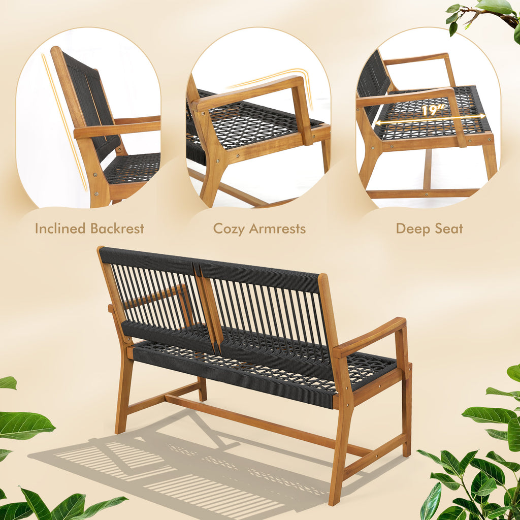 Outdoor Acacia Wood Bench with Rope Woven Backrest and Armrests for