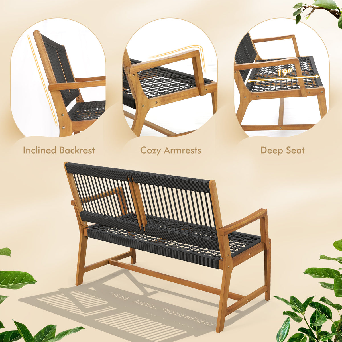 Outdoor Acacia Wood Bench with Rope Woven Backrest and Armrests for