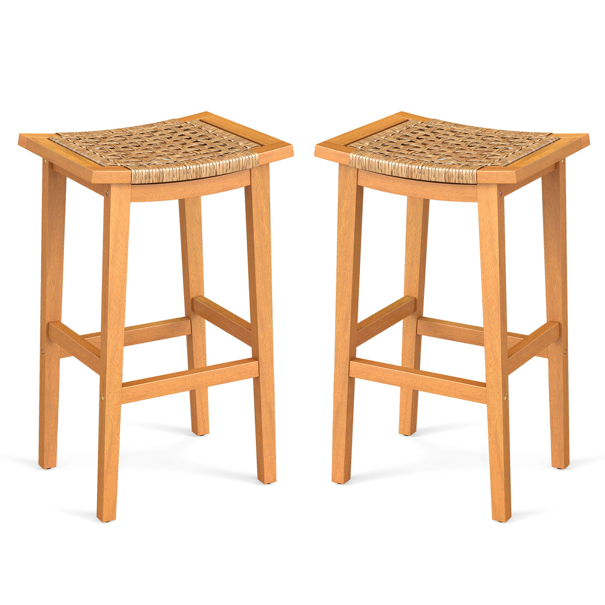 Outdoor Acacia Wood Bar Stools Set of 2 with PE Rattan Seats and