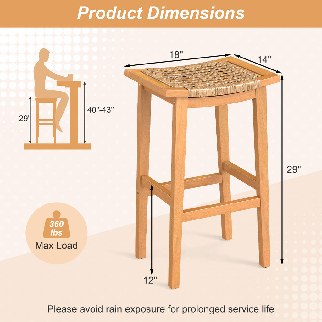 Outdoor Acacia Wood Bar Stools Set of 2 with PE Rattan Seats and
